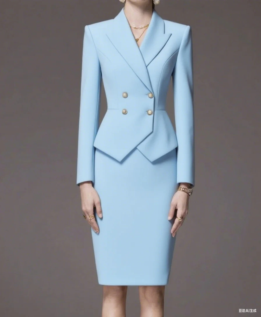 Business Women's Suit Long Sleeves Peak Lapel Lady Set for Wedding Prom Slim Fit 2 Pcs Jacket Skirt Customized