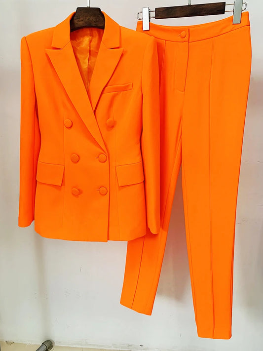 New Fashion Designer Suit Set Women's Double Breasted Slim Fitting Blazer Pencil Pants Set 2pcs
