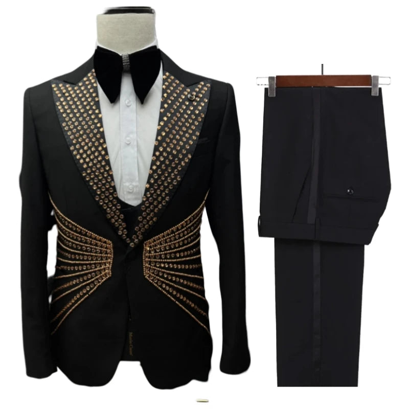 Celebrity Golden Rhinestones Men's Suit Customized Single Breasted Handsome Formal Banquet Jacket Vest Pants Groom Wear