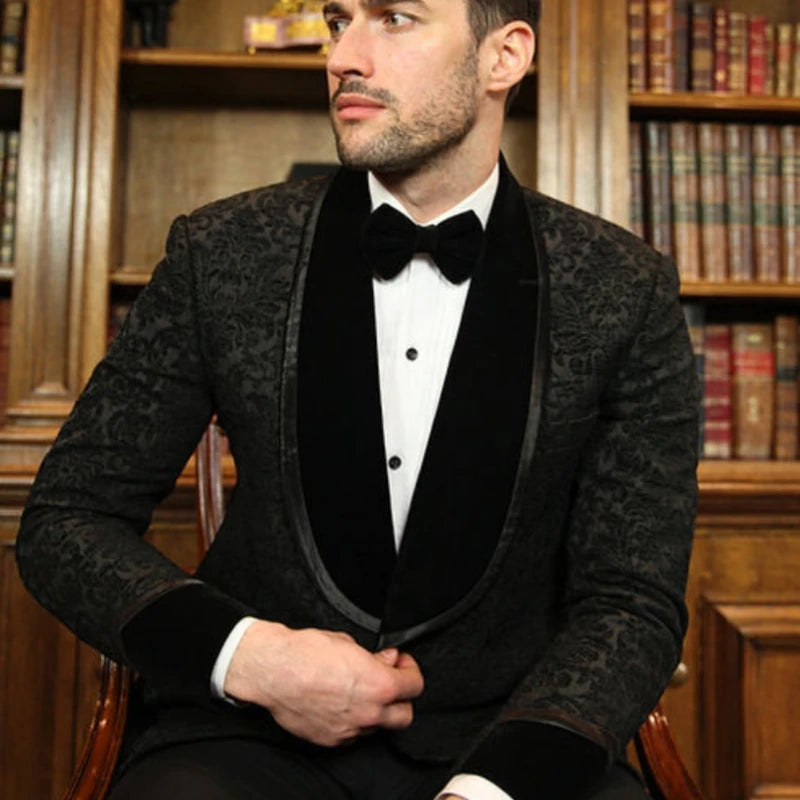 Jacquad Men Suits for Wedding Groom Tuxedo Slim Fit Formal Business Blazer Banquet 2 Pieces Floral Suit Jacket with Pants