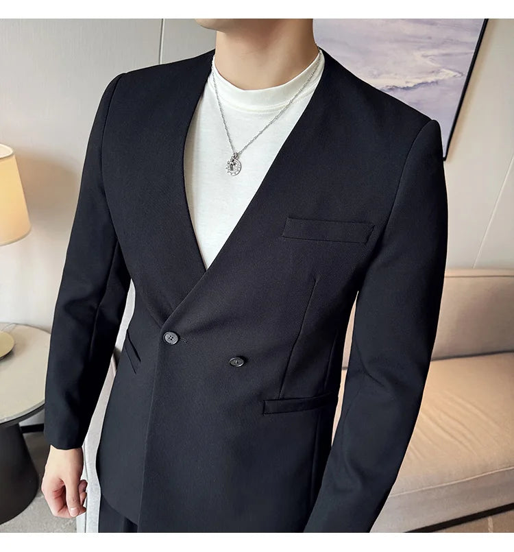 Stylish Men's Suit Coat Collarless V-Neck Solid Wear Style Slim Fit Blazer Jacket Male Black White Blue
