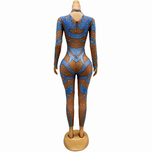 Blue Gold Rhinestone Stretch Niche Design Sensual Sexy Jumpsuits Dance Outfits Leggings Diamond Jumpsuit Outfits