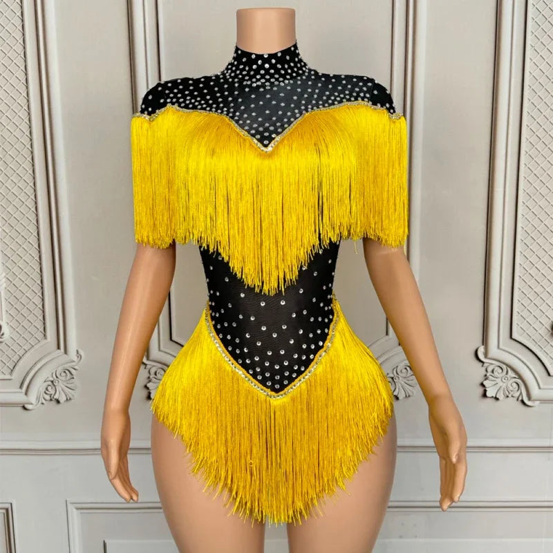 Ropa de Drag Queen, disfraz sexy de Gogo, mono amarillo con flecos y diamantes de imitación para mujer, atuendo para fiesta de DJ y discoteca, ropa rave