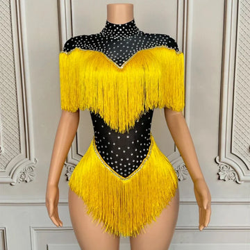 Ropa de Drag Queen, disfraz sexy de Gogo, mono amarillo con flecos y diamantes de imitación para mujer, atuendo para fiesta de DJ y discoteca, ropa rave