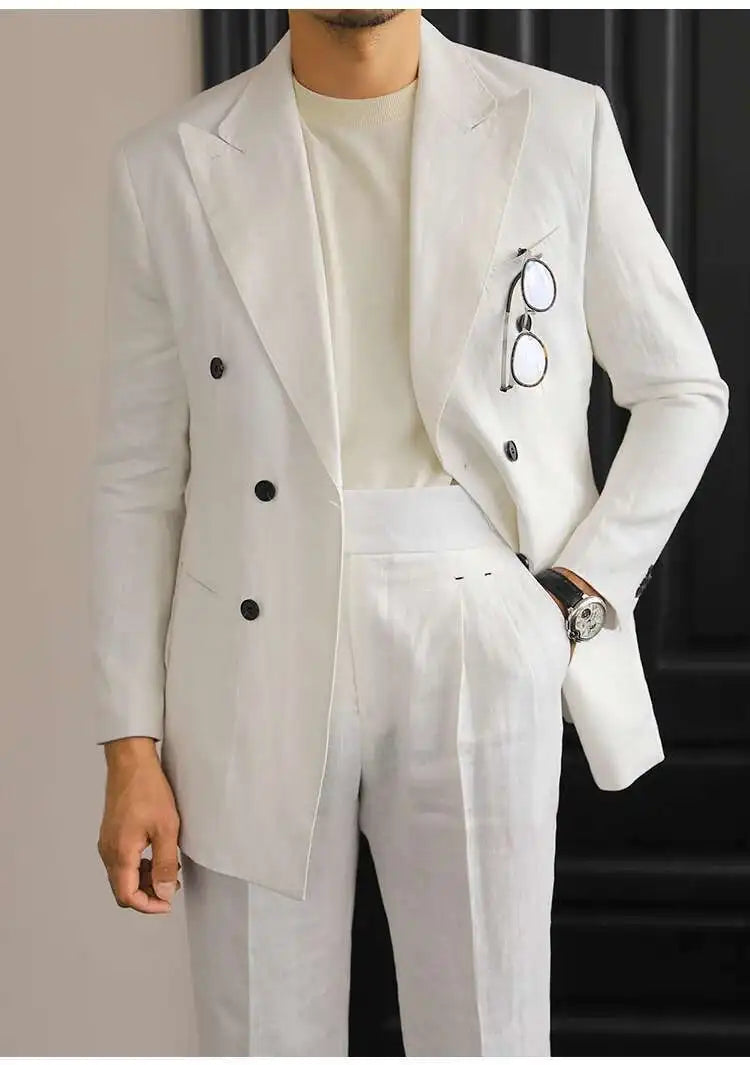 Luxury Linen Double Breasted Italian Suit for Men's Versatile Slim Fit Business Lapel Collar Retro Suit