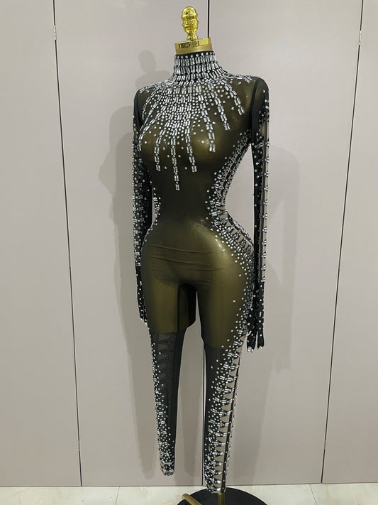 Mono sexy de malla negra con cristales brillantes y guantes para mujer, ideal para celebrar cumpleaños, fiestas, discotecas, cantantes, bailes y escenarios.