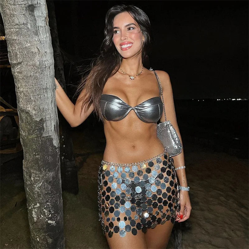 Jupe femme punk paillettes chaîne en métal ajouré mini jupes bohème géométrique perlé mode élégant acrylique femme vêtements 