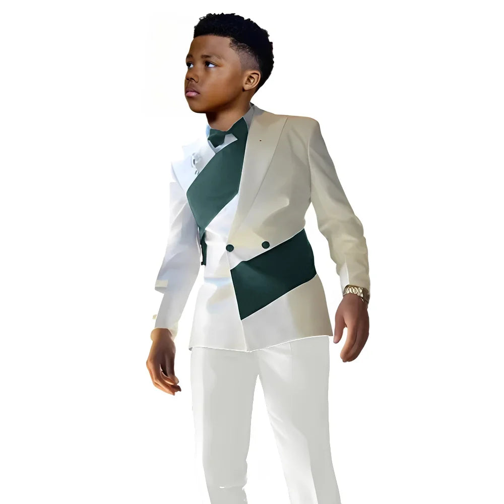Satin Boys Suit 2 Pieces Set Double Breasted White Jacket with Pants Wedding Tuxedo Kids for 2-16 Years Old Boy Slim Fit Suit