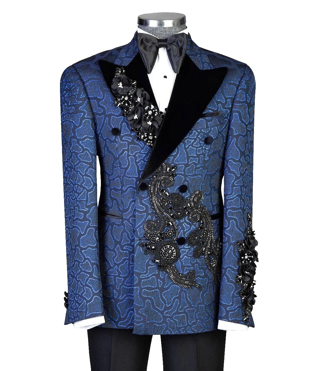 Vintage Men‘s Suits Tailor-Made Appliques Peaked Lapel Jacket Blazer 2 Pieces Set Beaded Jacquard Groom Customized Coat Pants