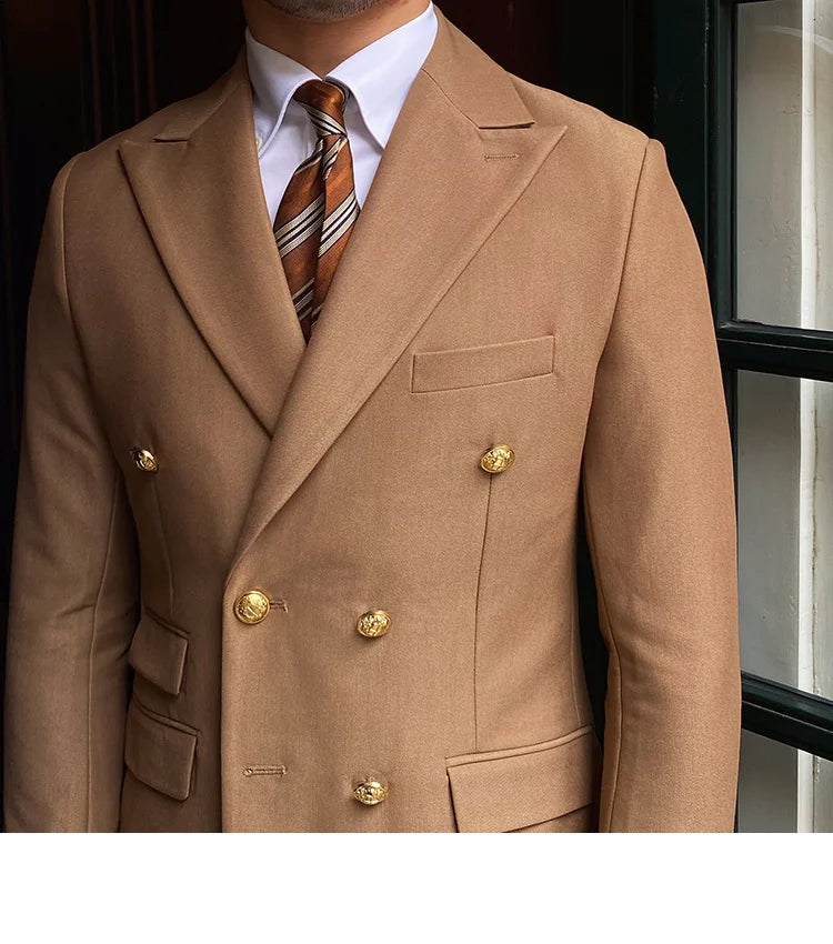 Blazer de estilo británico para hombre, traje ajustado de dos piezas con doble botonadura, color liso, informal y moderno.