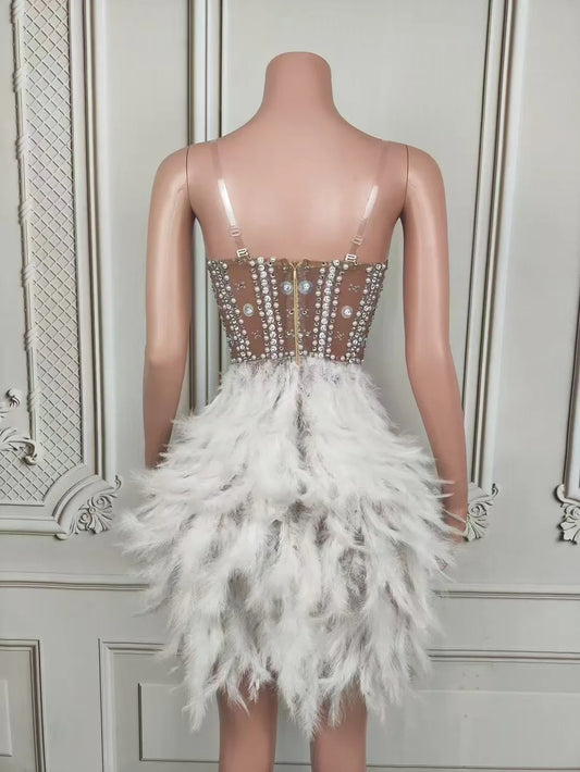 Luxury Sparkle Rhinestone Feather Sexy Brown Nude Mesh Dress Women Elegant Evening Party Birthday Performance Photoshoot Costume