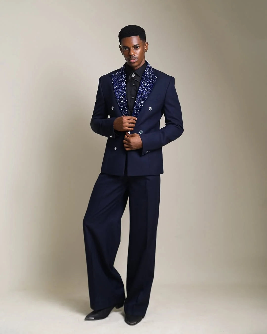 Navy Blue Men Suit Set 2 Piece Blazer+Pants Trousers Beaded Lapel Wedding Tuxedos Formal Office Jacket Prom Coat Customized