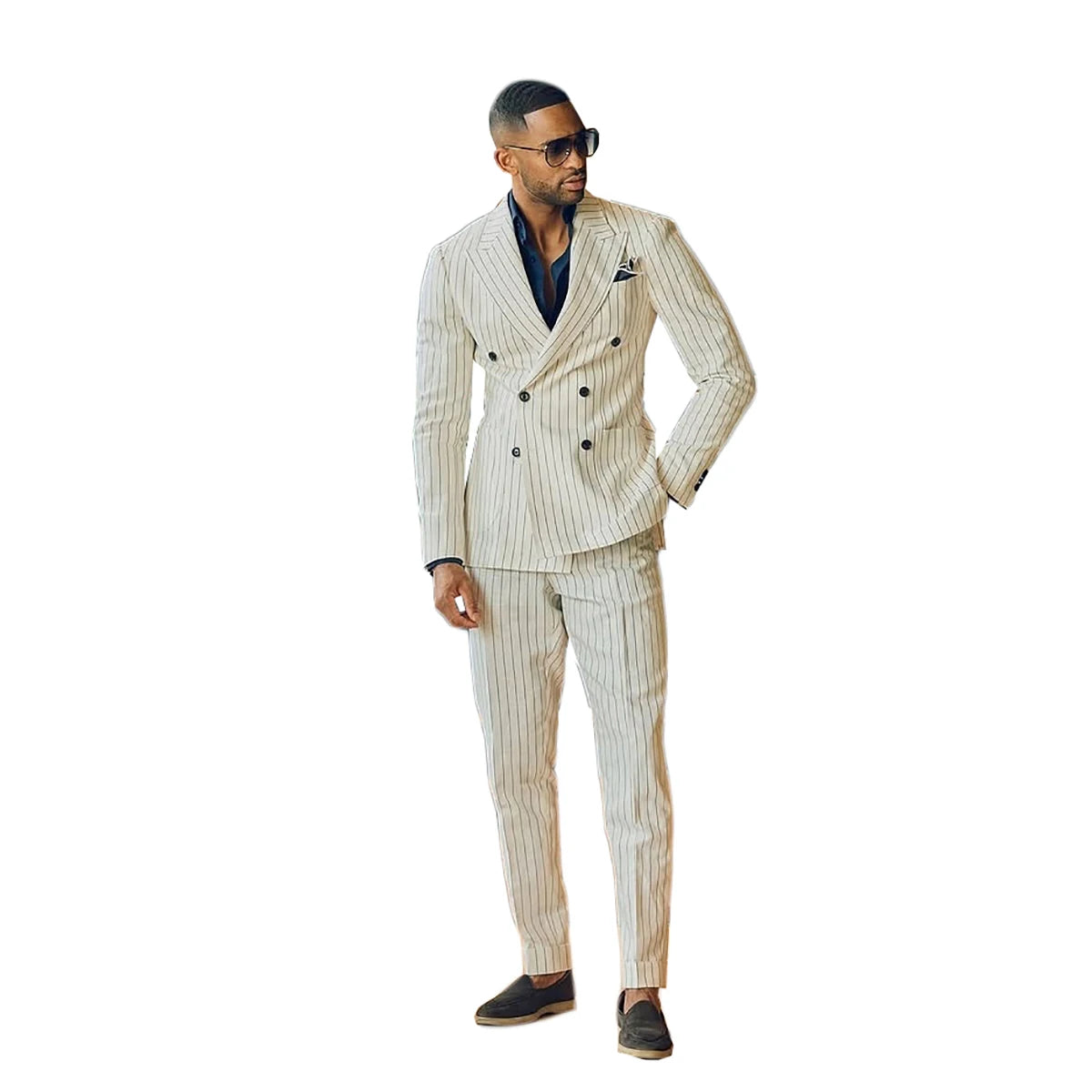 Fashion Men Suits Peaked Lapel Stripe Blazer Tailor-Made 2 Pieces Set Jacket Double Breasted Groom Customized Coat Pants