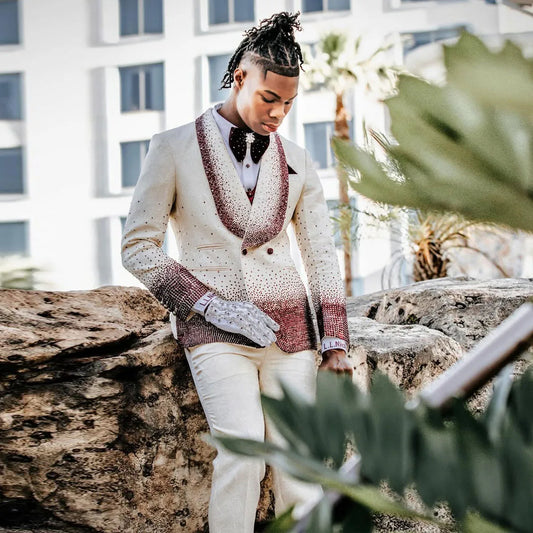 Metallic Beaded High Quality Wedding Suits for Men 2 Pieces Sets Groom Tuxedos Male Prom Blazers Slim Ropa Hombre Customized