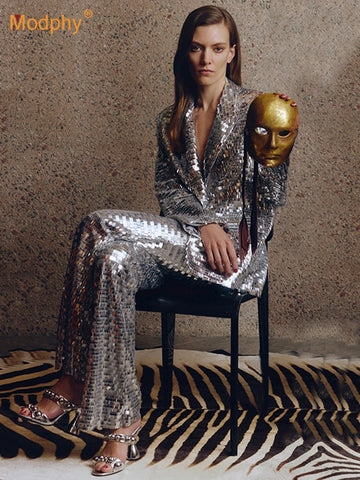 Conjunto de traje de moda para mujer, blazer con lentejuelas brillantes y pantalones acampanados, conjunto de dos piezas, elegante atuendo plateado