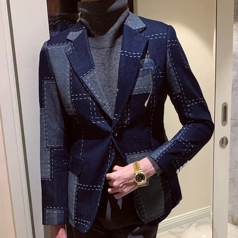 Traje informal vintage de dos piezas con estampado geométrico de patchwork para hombre, chaqueta a cuadros de primavera, blazer elegante para hombre 