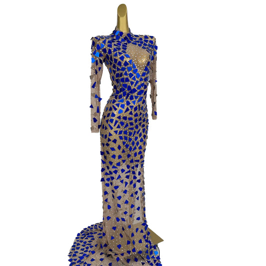 Gorgeous Dazzling Mirror Dress Women Sexy Club Long Dresses Ladies Applique Rhinestone Party Dresses Women Sexy Costume