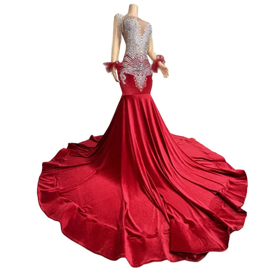 New Sparkly Red Sequin Mermaid Prom Dresses Luxury Silver Crystal Beaded Sheer Neck Long Prom Gowns for Black Girls