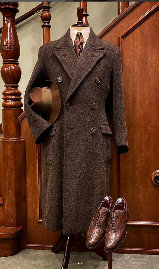 Vintage Men's Tweed Long Overcoat Wool Cotton Peak Lapel Suits Double Breasted 1 Piece Coat Formal WindBreaker Customized