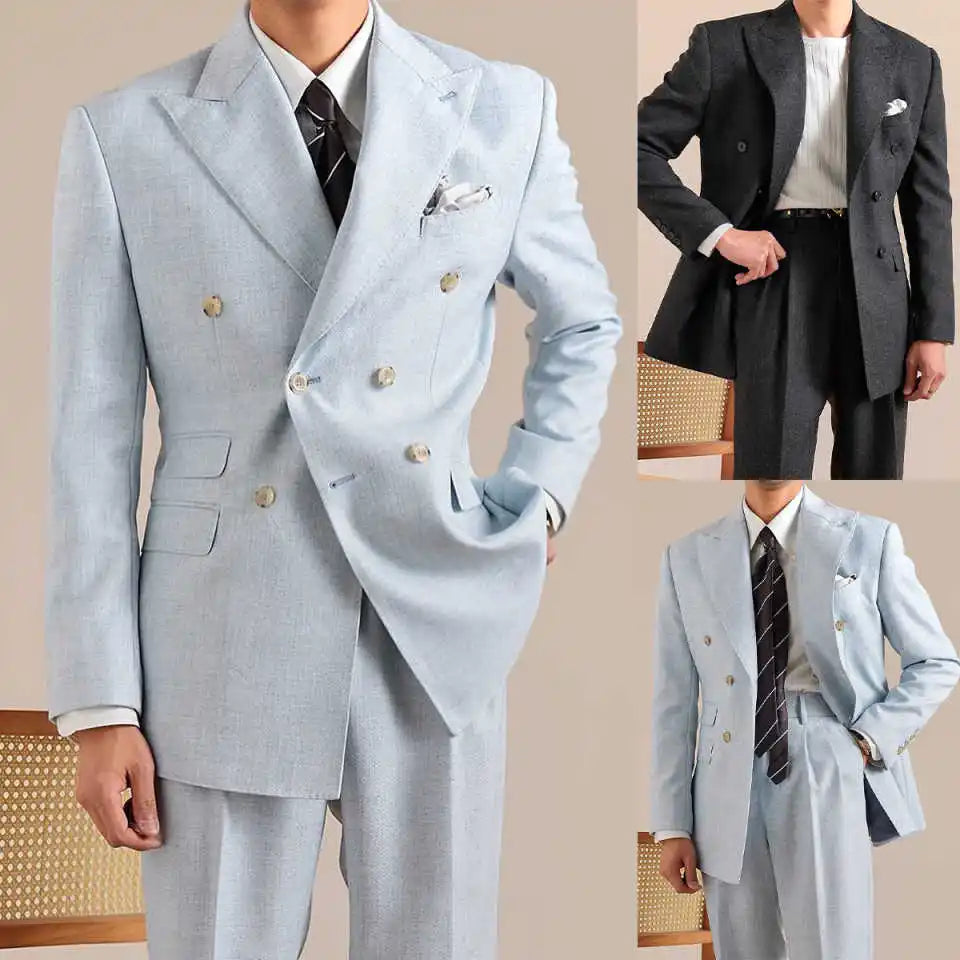 Simple Wedding Suits for Groom Peak Lapel Double Breasted Tuxedos 2 Pcs Jacket Pants Business Party Prom Customized