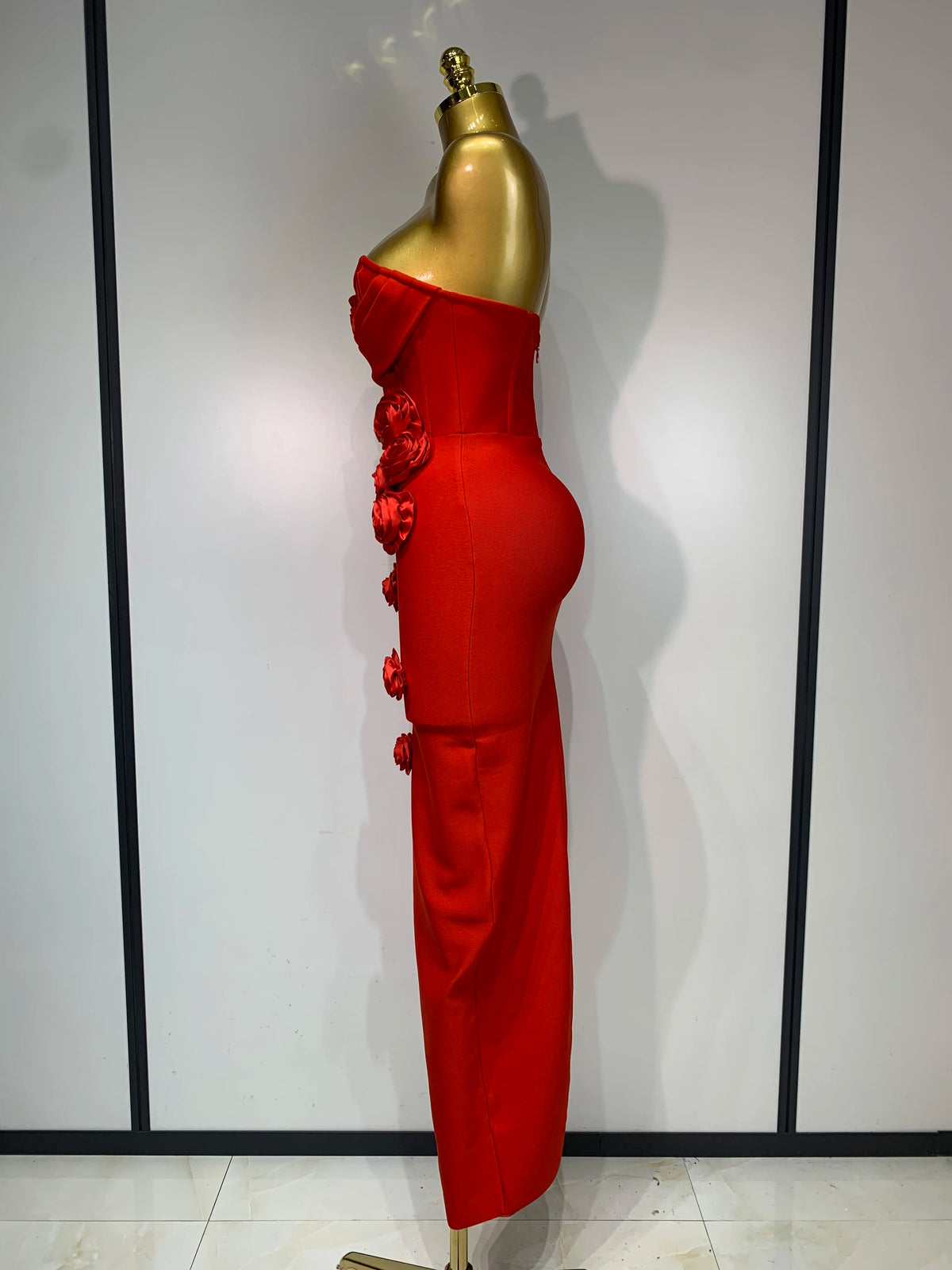Women Sexy Strapless Backless Red Flower Midi Bandage Dress Celebirty Elegant Evening Club Party Birthday Dresses
