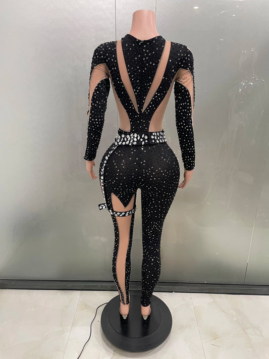 Sexy Sparkling Full Diamond Black Perspective Waist Cinching Asymmetrical Mesh Jumpsuit Party Nightclub Bar Performance Costume