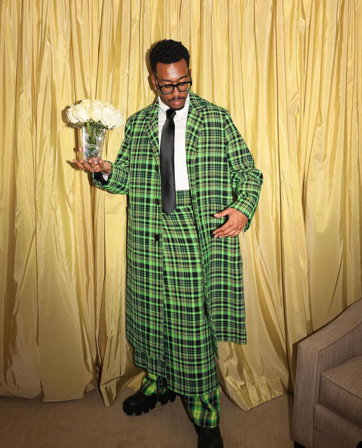 Green Plaid Mens Wedding Tuxedos Loose Classic Fit Custom Made Groom Prom Wear Pants Suits 2 Pieces Long Jacket