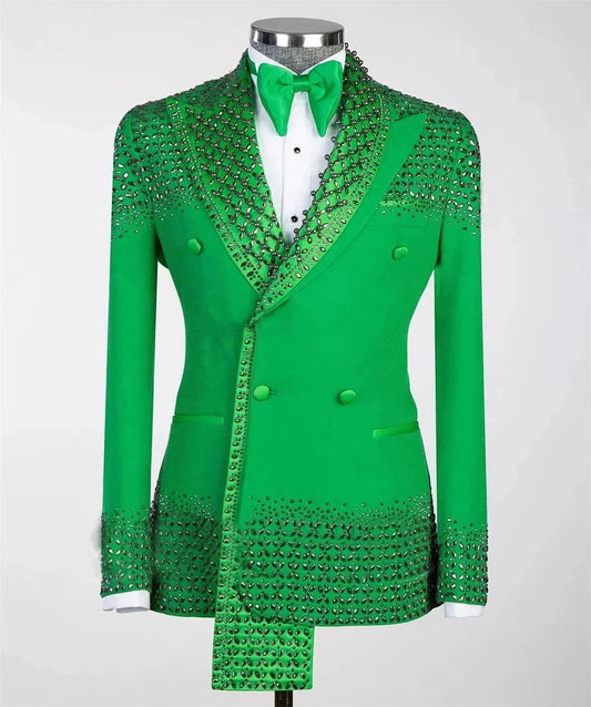 Elegant Men Suits Peaked Lapel Tailor-Made 2 Pieces Set Beading Rhinestone Double Breasted Blazer Customized Jacket Black Pants