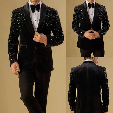 Customized Diamond Men Suits 2 Pieces Sets Groom Male Blazers Rhinestones Beaded Ropa Wedding Slim Fit Party Tuxedos Slim Fit