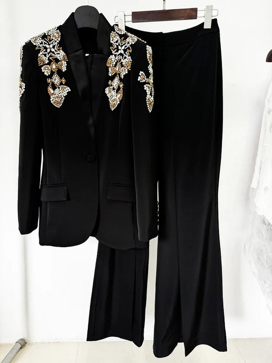 Newest Suit Women Beaded Diamonds Stand Collar Single Button Blazer Wide-leg Pants Set 2PCS