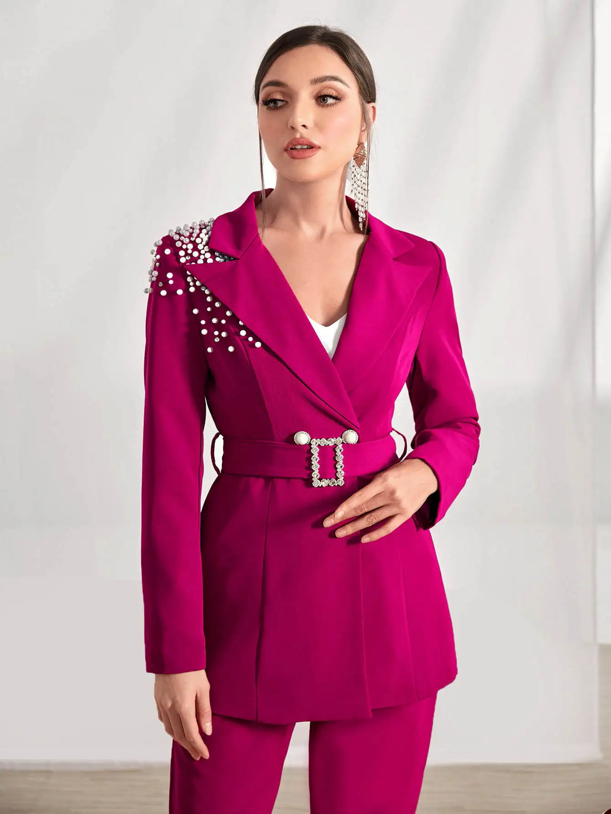 Elegant Customized 2 Pieces Women Suits Pearls Crystal Office Ladies Work Belt Sash Classic Fit Birthday Party Outfits