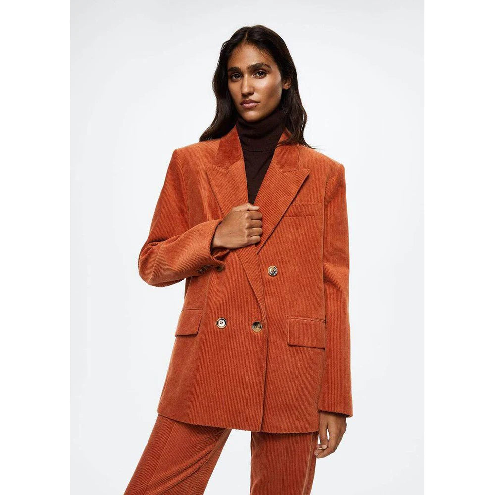 Ensemble deux pièces en daim orange à double boutonnage pour femme (blazer + pantalon)