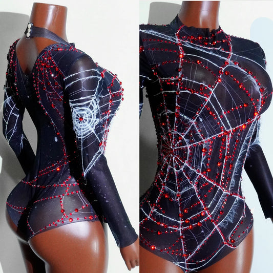 Sexy Spider Web Bodysuit Mesh Transparent Red Rhinestone Black Leotard party Dance Halloween Stage Performance Nightclub Costume