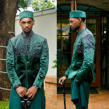 Muslim Men's Suit Beaded Tailor-Made 2 Pieces Set Jacket Rhinestone Middle East Velvet Single Breasted Customized Coat Pants