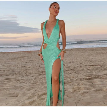 Vestido largo de punto sexy para mujer, con abertura alta, cuello en V, espalda descubierta, acanalado, verde, para fiesta en la playa, verano