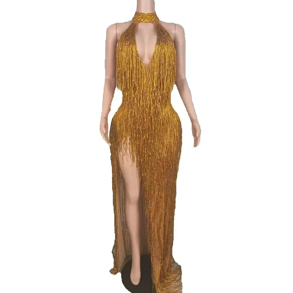 Women Sexy Shiny Gold Crystals Tassel Luxury Long Dress Elegant Prom Gown Evening Club Birthday Wedding Party Singer Stage Dress