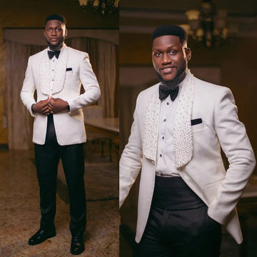 Elegant Men Suits Pearls Tailor-Made 2 Pieces Shawl Lapel Jacket Groom Blazer One Button Evening Party Customized Coat Pants