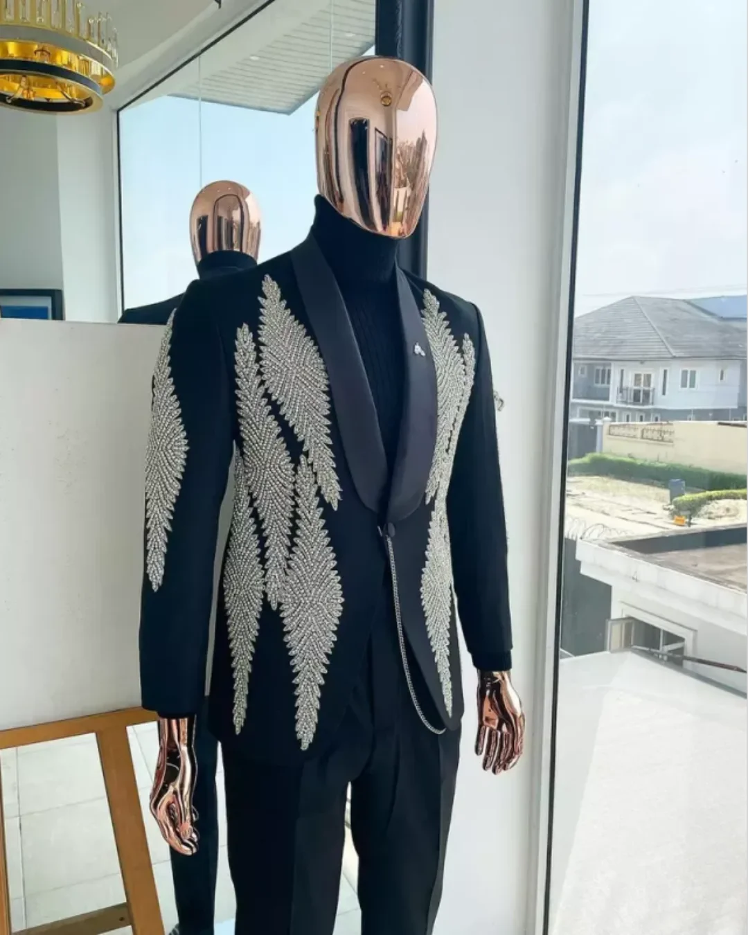 Shiny Men's Suits 2 Pieces Blazer Single Breasted Beads Wedding Groom Tuxedos Business Prom Customized Trajes Para Hombre