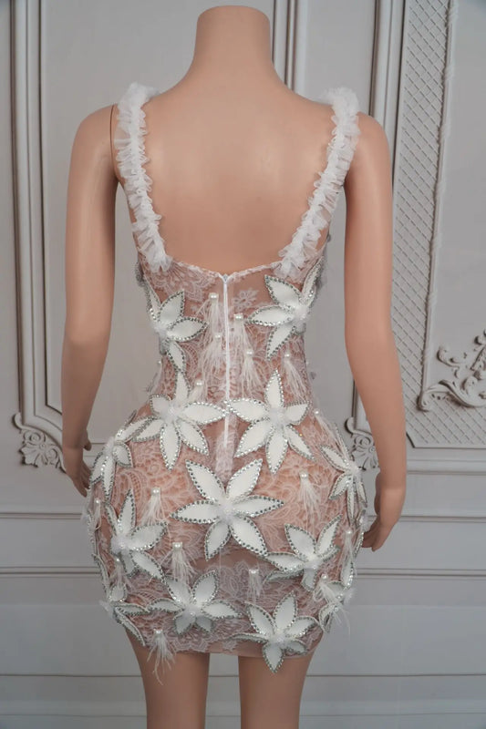 Sexy Stage Straps See Through Mesh Slip Short Dress Flowers Details Sleeveless Backless Mini Bodycon Cocktail Party Club Wear