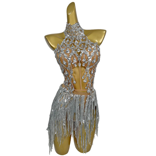 Women Sexy Singer Dancer Performance Costume Nightclub Bar Girl Sparkly Diamond Tassel 2 Piece Set Evening Party Outfit