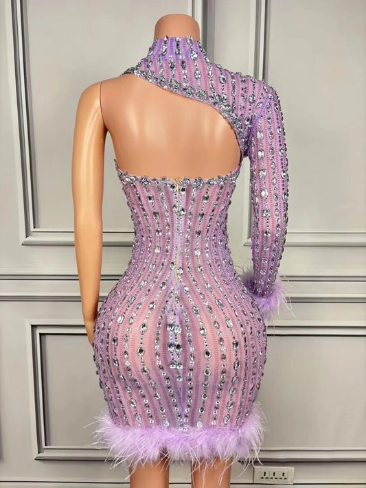 Lavender Color Sexy One Shoulder Feather Rhinestones See Through Sheath Evening Party Performance Costume Nightclub Stage Dress
