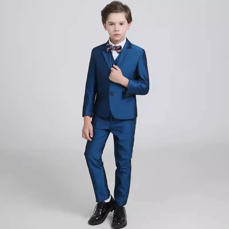 Boys Navy Blue Formal Suit Three Piece Outfit with Striped Bow Tie