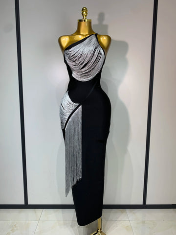 Women Sexy Slanted Collar Silver Tassel Bandage Dress Women Black Sleeveless Bodycon Dresses Evening Party Club Birthday Gowns