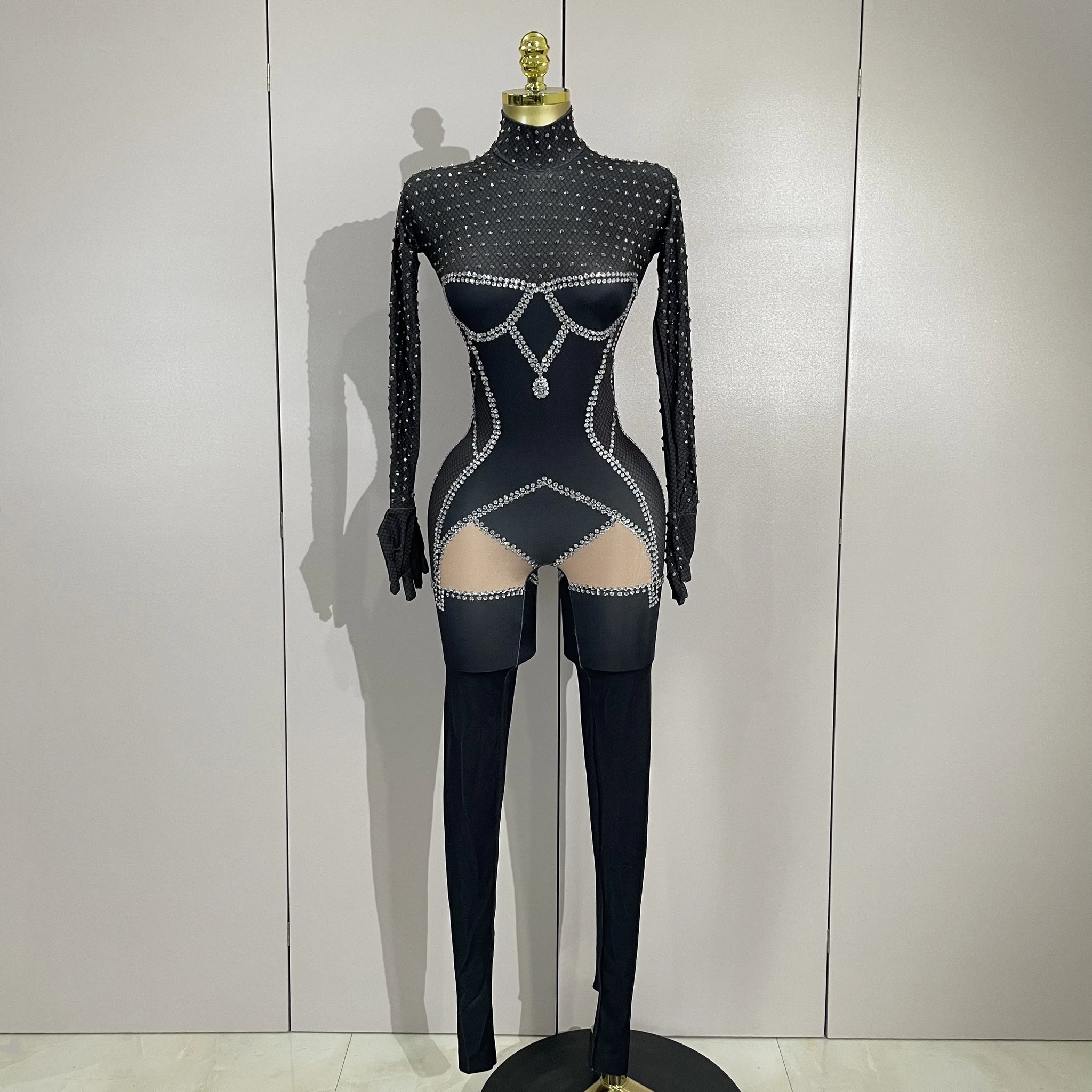 Women Sparkly Diamond Sexy Long Sleeves Jumpsuit Nightclub Bar Party Show Gogo Dancer Clothing Drag Queen Outfit Stage Costume