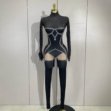 Women Sparkly Diamond Sexy Long Sleeves Jumpsuit Nightclub Bar Party Show Gogo Dancer Clothing Drag Queen Outfit Stage Costume