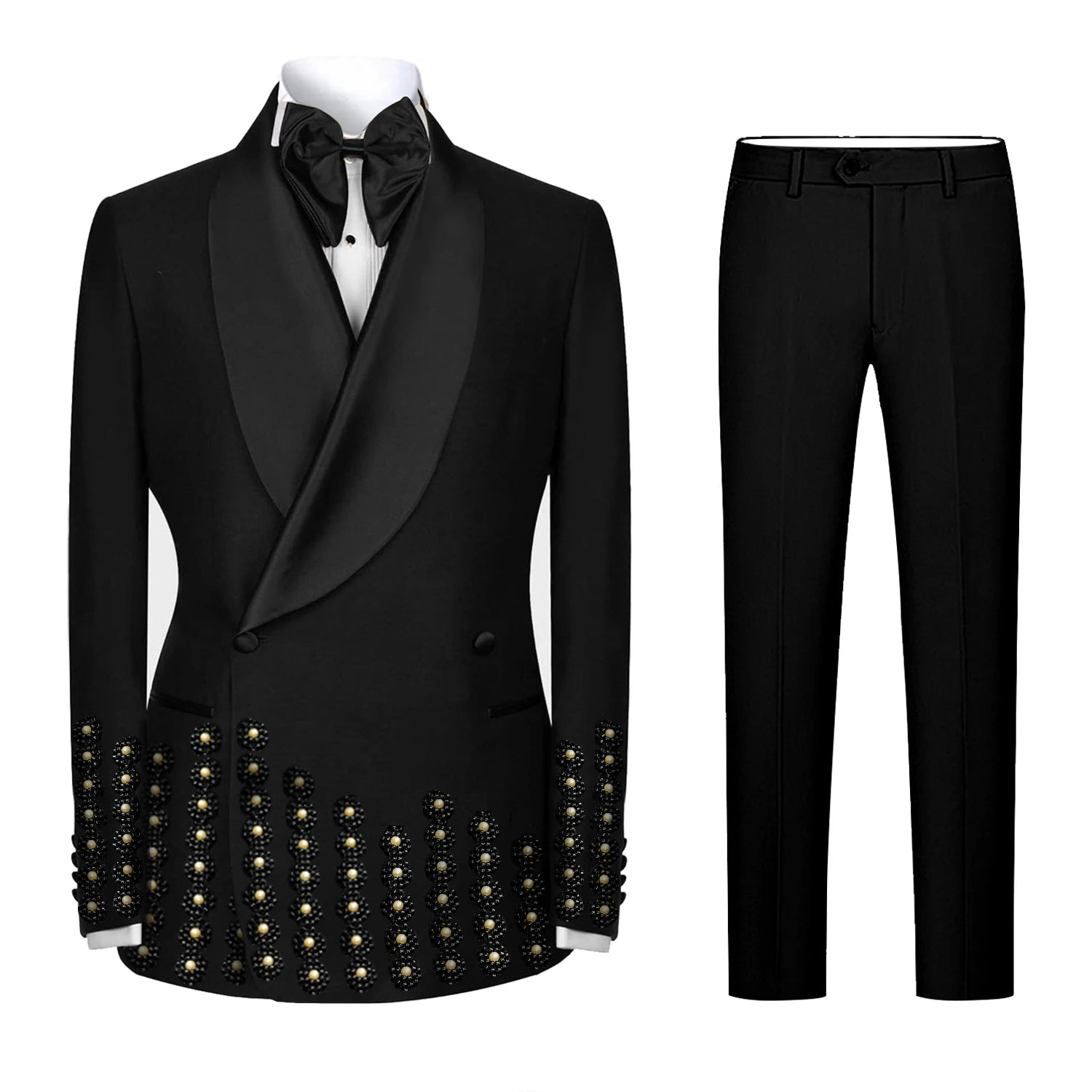 Luxurious Men Suits for Wedding Beading Pearls Shawl Lapel Blazer 2 Pieces Set Tuxedo Groom Coat Customized Jacket Pants