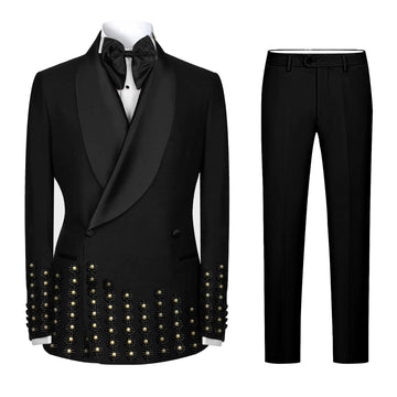 Luxurious Men Suits for Wedding Beading Pearls Shawl Lapel Blazer 2 Pieces Set Tuxedo Groom Coat Customized Jacket Pants