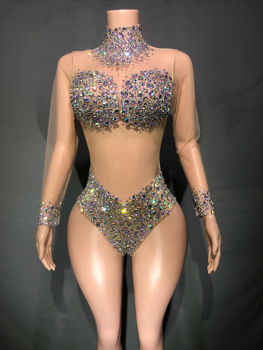 Body sexy en maille transparente avec strass AB scintillants, tenue de danse pour femme, tenue de discothèque, tenue de scène