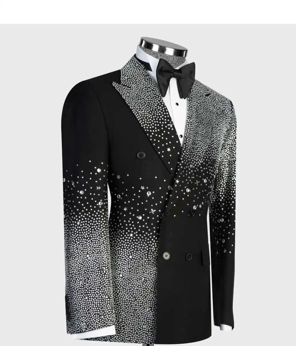 Sparkly Men's Suits 2-Piece Beads Blazer Peaked Lapel Double Breasted Wedding Slim Fit Diamonds Custom Made Plus Size