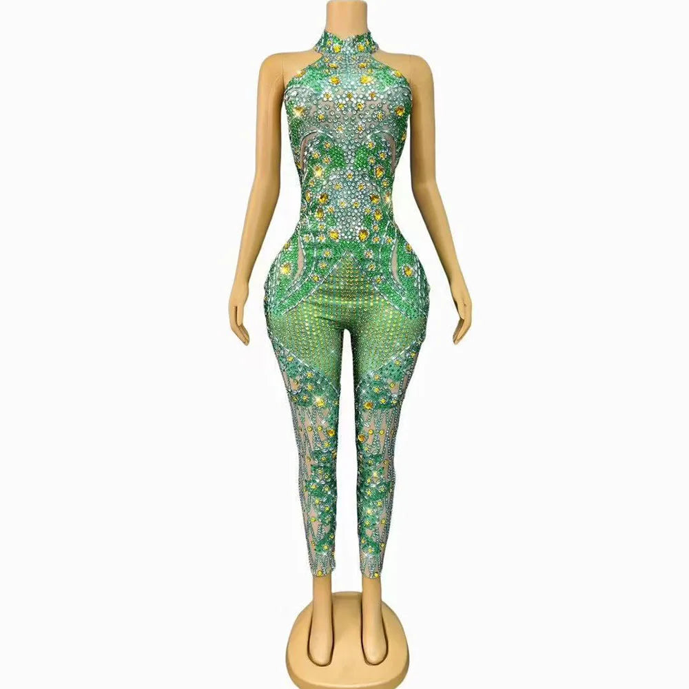 Sexy Luxury Designed Sparkly Rhinestones Jumpsuit Party Celebrate Show Fashion Outfit Singer Dancer Performance Stage Costume